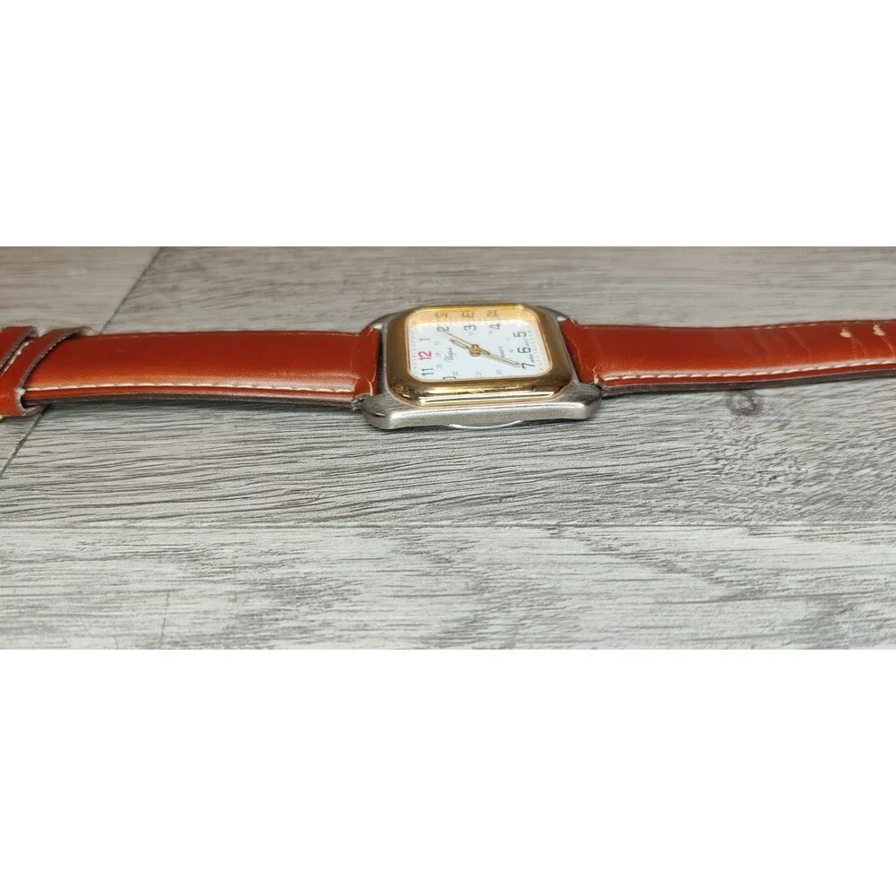 Vintage Vogue Quartz Watch Square Two Tone Case Japan Movt Brown Leather Strap
